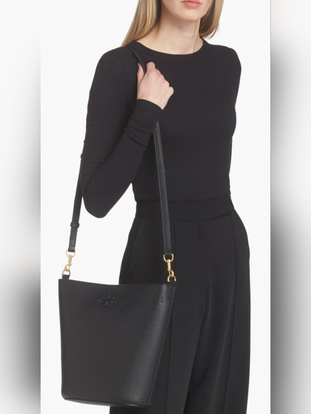 Tory Burch McGraw Black Pebbled Leather Bucket Crossbody/Shoulder Bag - Picture 14 of 16